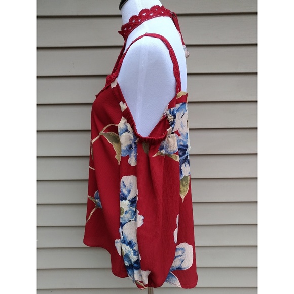 {LAST 1! S} Red Floral Blouse Choker Cold Shoulder - Picture 5 of 8